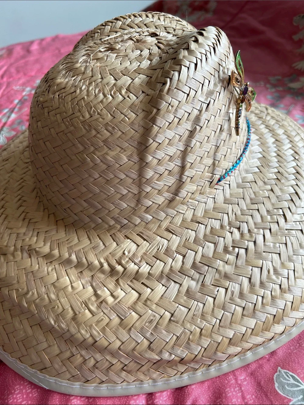 Straw Wide-Brim Sun Hat with Dragonfly Accent - Natural
